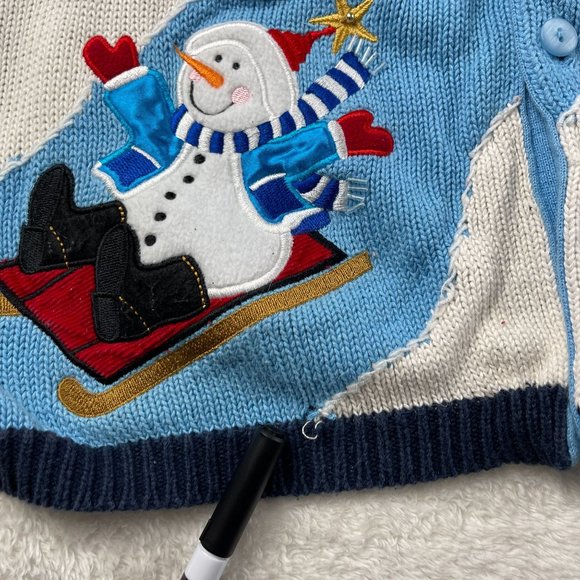 Quacker Factory Snowman Ugly Christmas Sweater Knit Cardigan‎ Womens Sz L Blue - Picture 15 of 16